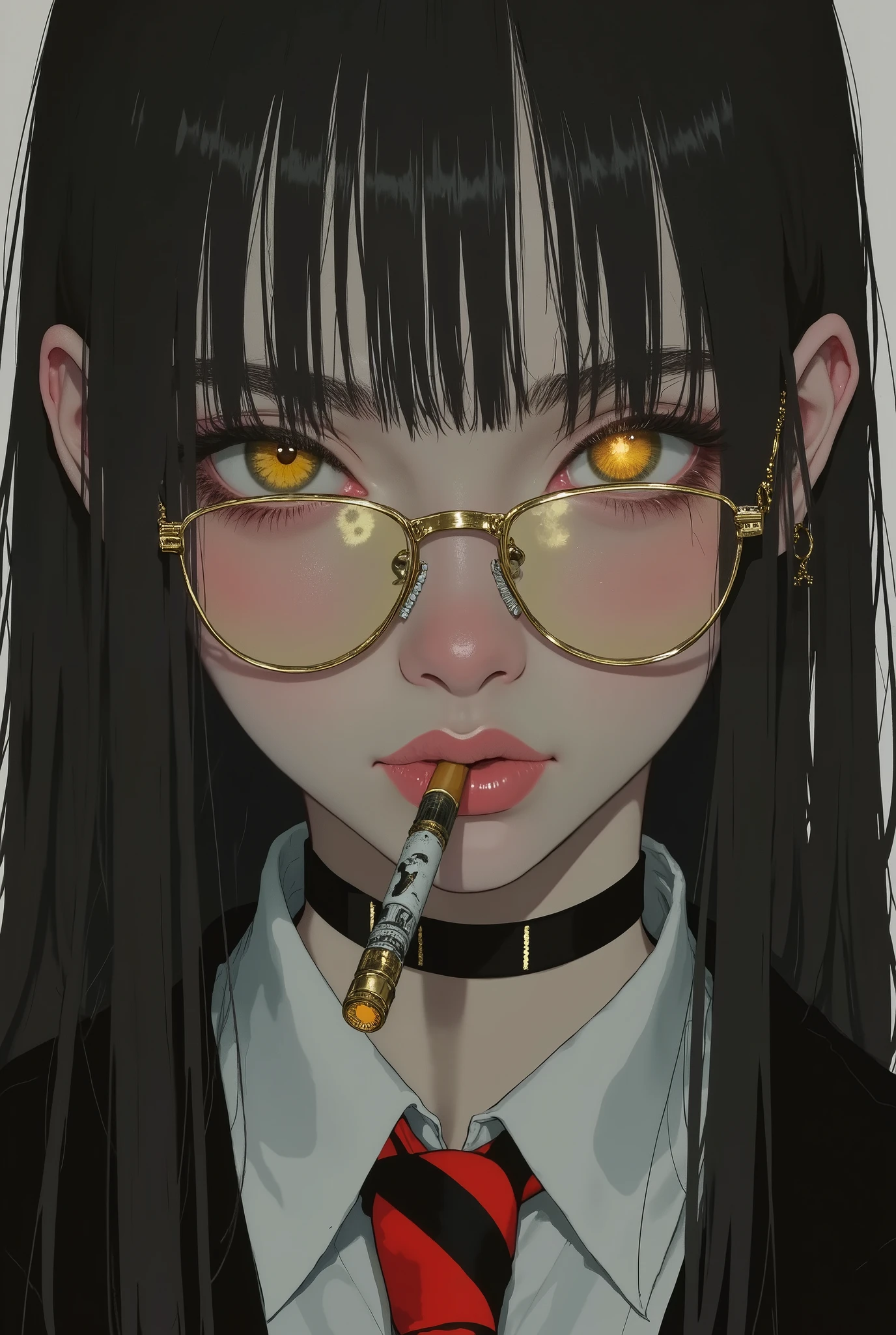 Close-up of a girl's portrait,Very close, looking down,gold glasses,Burning cigarette,elegant suit,red tie with black stripes,Ojos amarillos,Broken pupil,detailed lip sunglasses,dark environment,bright eyes,dark background, yellow eyes on the background,in front, dark lighting,airpods wireless earphones,wireless music headphones