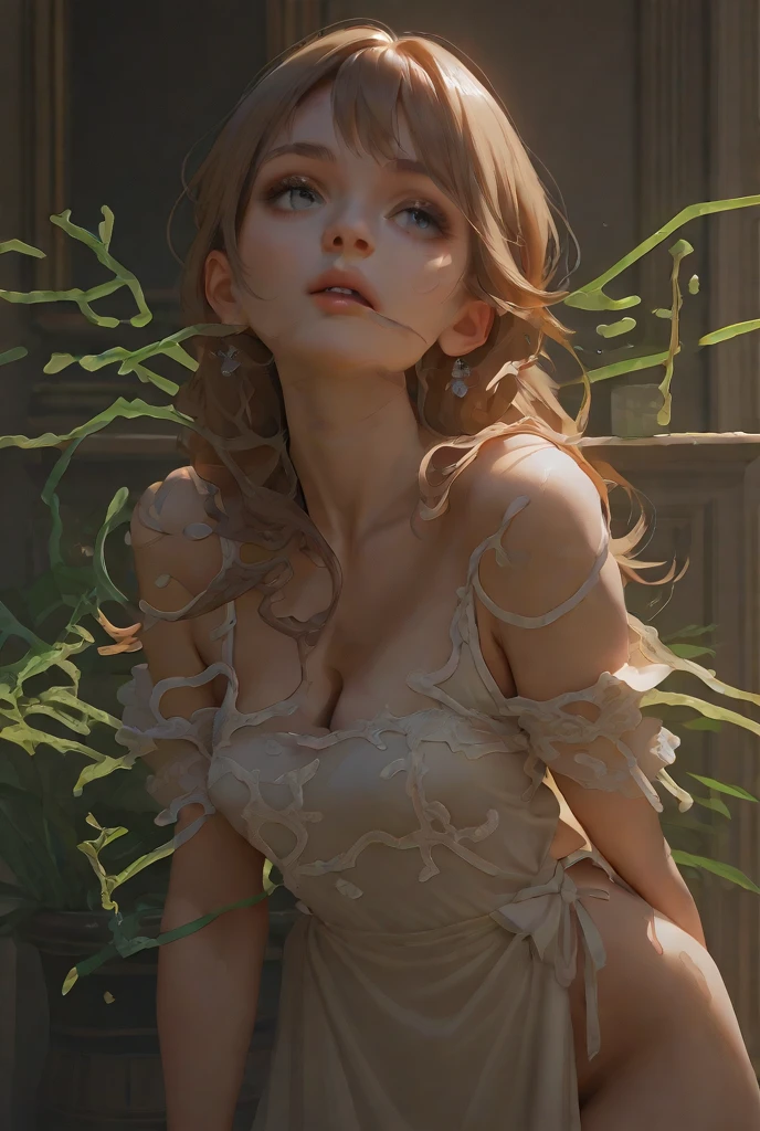 a beautiful woman with long brown hair, green eyes, cute lips, detailed face, slender figure, wearing a pink dress, standing in a lush green garden, sunlight streaming through the foliage, magical, serene atmosphere, (best quality,4k,8k,highres,masterpiece:1.2),ultra-detailed,(realistic,photorealistic,photo-realistic:1.37),intricate background details, vibrant colors, soft lighting, fantasy art style