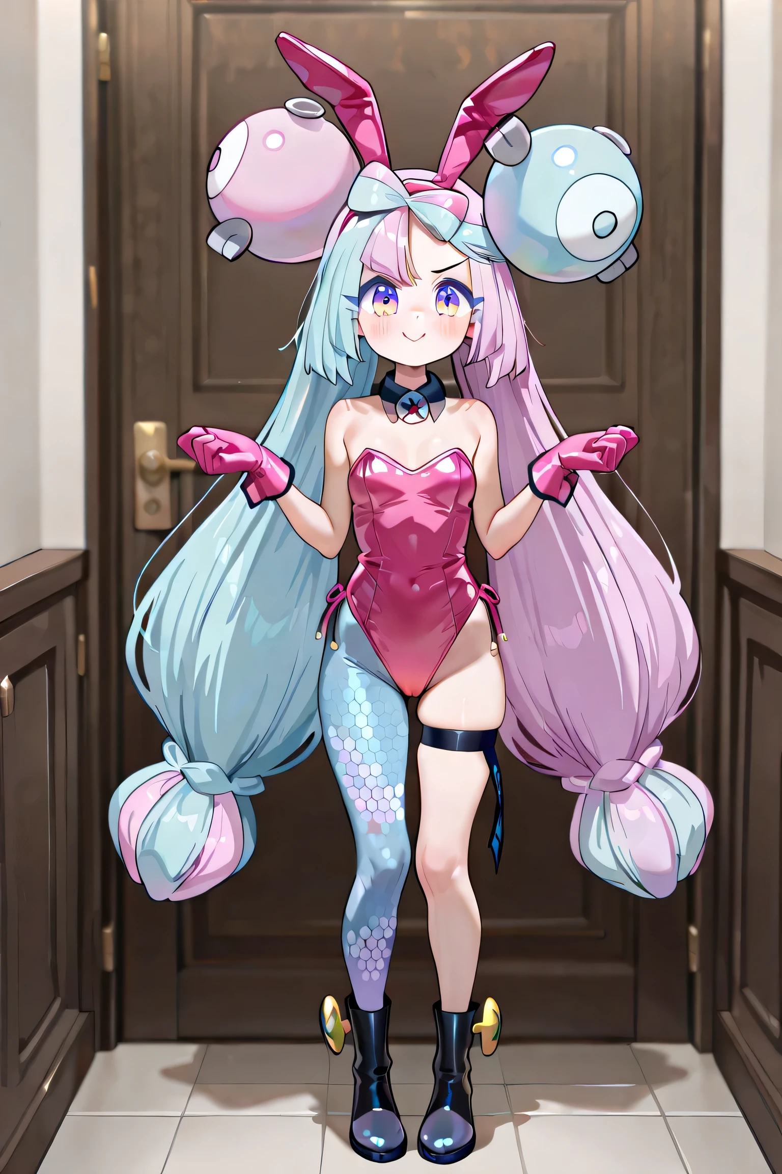 Iono (Pokémon Scarlet and Violet), , , ((((only 1Iono)))), very long hair, twintails, two-tone hair, light blue and pink hair, two-tone eyes, pink and blue eyes, happy expression, flushed cheeks, extremely detailed face, bunny girl costume, pink swimsuit, pink gloves, fake bunny ears, pink and blue bunny ears, tights, light blue tights and pink, boots, black boots, extremely detailed clothing, indoors, standing, facing the viewer, full body, 4K, best quality, masterpiece.