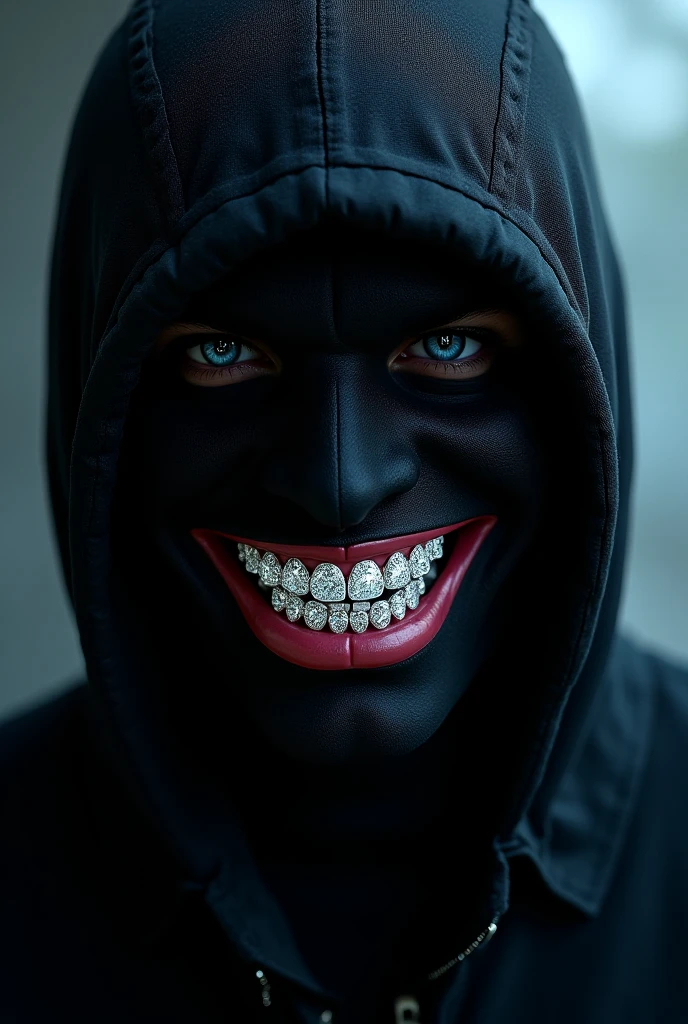 A powerful portrait of a Nu Metal band leader striking a dynamic pose, perfect for a rock poster. The band leader is wearing a full-face white mask with no openings, completely smooth and featureless except for a large red 'X' with black flame-like edges that cuts across the entire mask from top to bottom. The mask completely obscures the eyes and any facial features. He is dressed in a blue dress shirt with red stains, paired with worn jeans that have multiple rips. In the background, there is a blurred image of a band, making it impossible to identify any members, but adding to the intense and rebellious vibe typical of Nu Metal aesthetics.