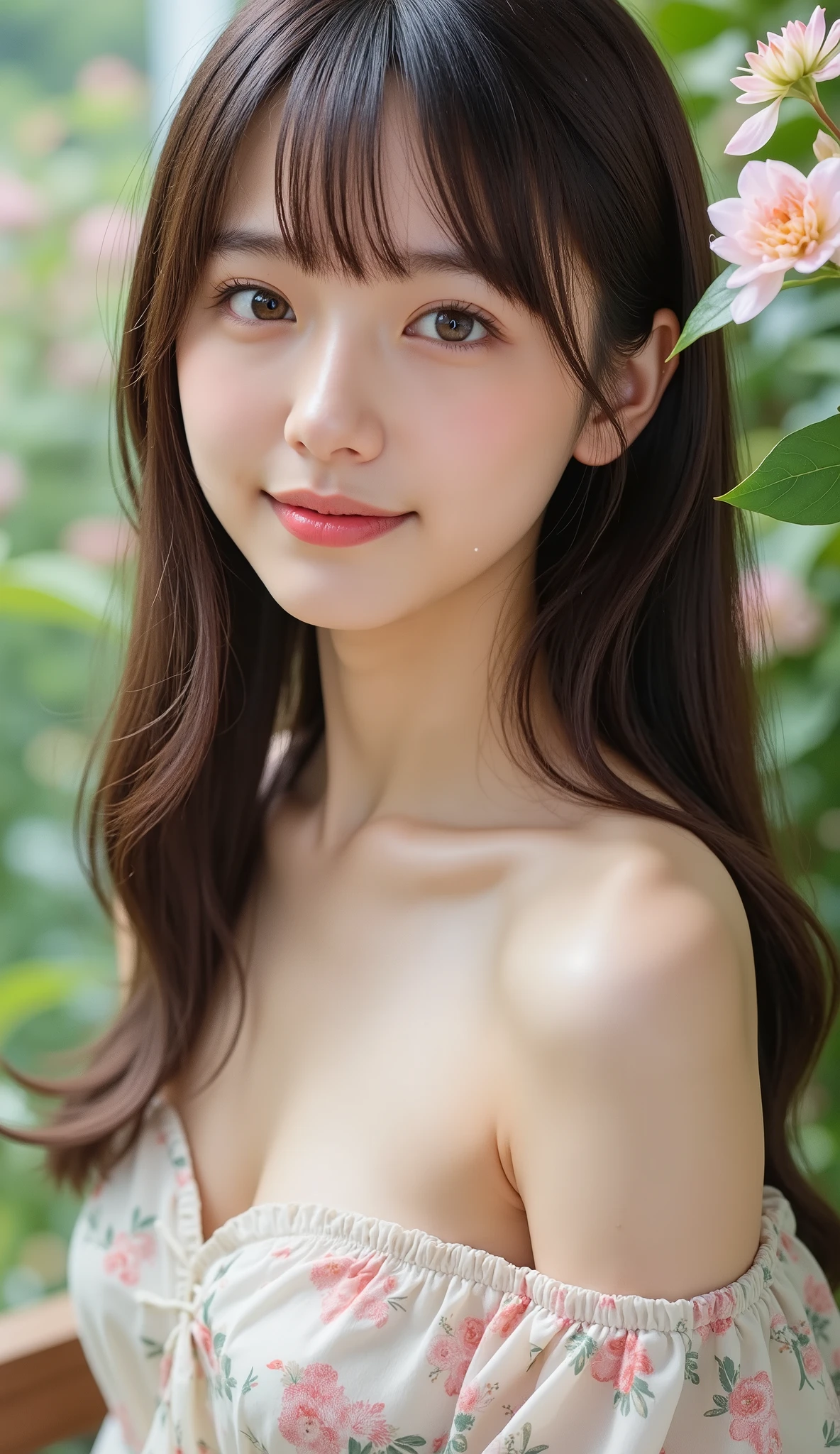In a lush indoor garden、A Japanese woman is wearing a floral sheer top、 close-up with breasts and soft flowers in the background、 creates harmony between nature and beauty。