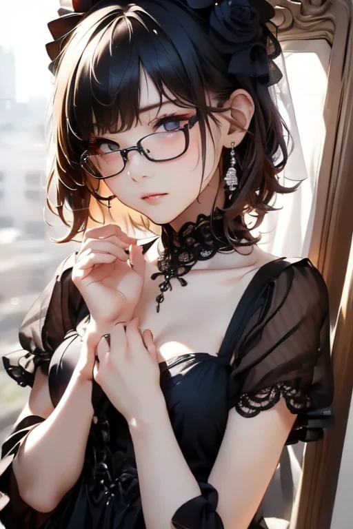 from above,overhead shot,(random sexy pose),(Thin type:1.5),(large breasts),(wearing glasses:1.5),(Hair color divided into black and pink on the left and right),(random hairstyle),(Highest image quality, (8K), Ultra-realistic, Best Quality, High quality, High Definition, high quality texture, high detailing, Beautiful detailed, fine detailed, extremely details CG, Detailed texture, realistic representation of face, masterpiece, presence)
