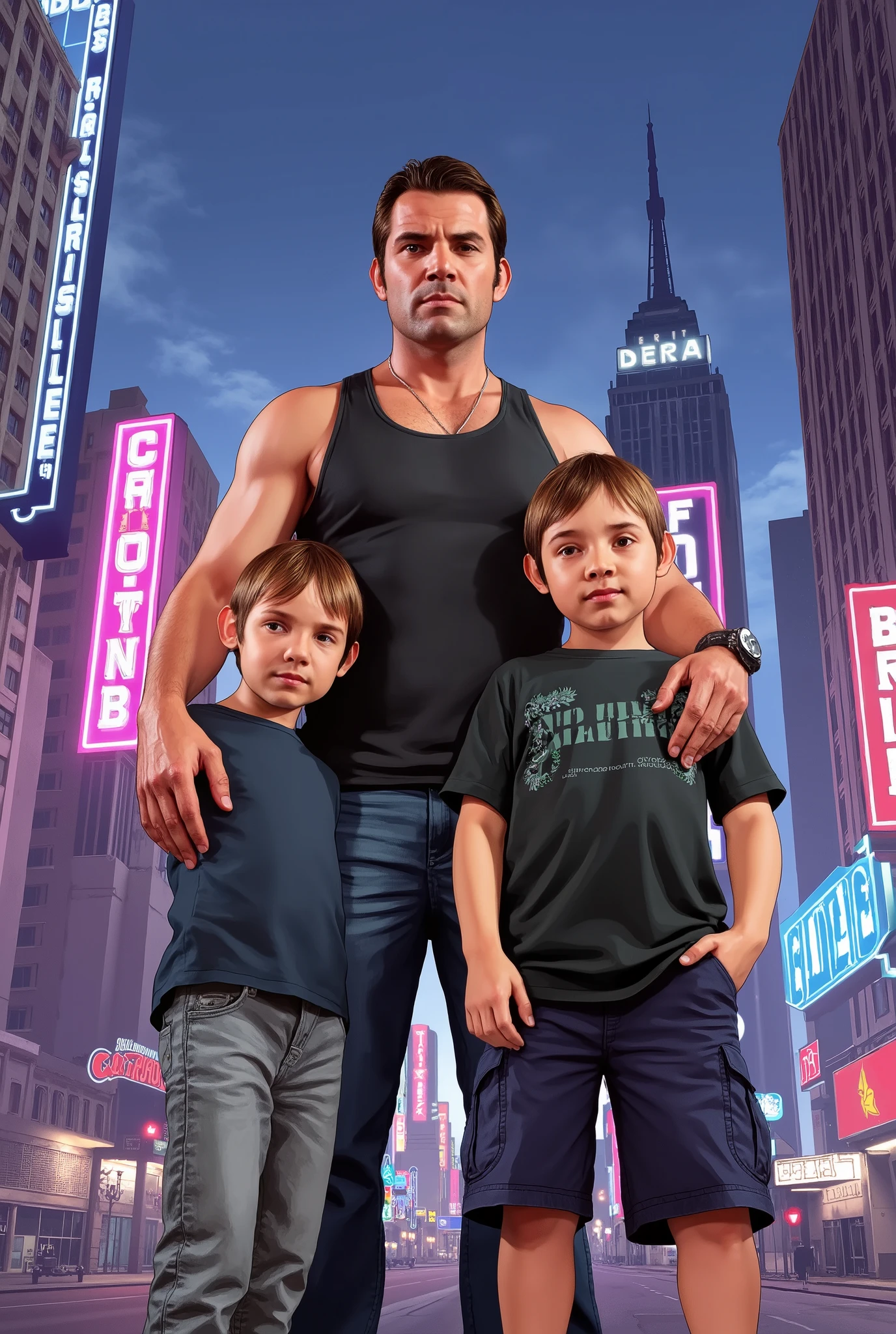 A colorful illustration, GTA style, of The father and two son o and o, badass.