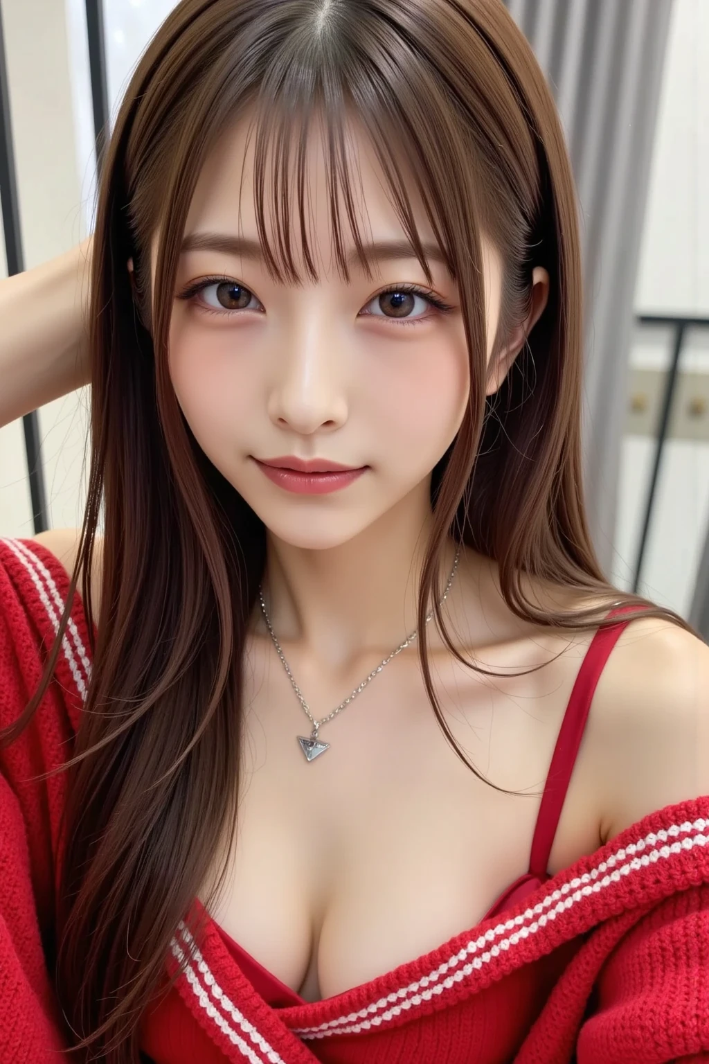 masterpiece, Best Quality,, Ultra-detailed, finely detail, hight resolution,1girl, solo, very long hair, looking at viewer, smile, brown eyes, open mouth, blush, bedroom, bangs, necklace, yukata clothes, 、nogizaka、Beautiful black eyes:1.３、17-year-old, red head, absurdrez, ultra detali, high qualiy, work of art, face detailed, gorgeous eyes(detailedeyes), a face of perfect proportions

