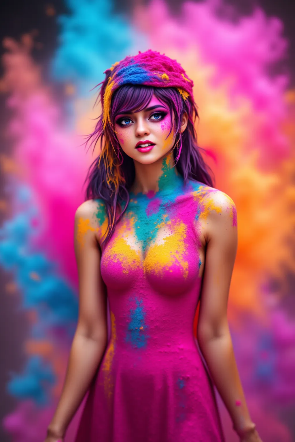 portrait,(NSFW), woman 35year old, ((princess pose)) , big breast, colorful, ((Holi festival)), good anatomy, powder color on breast, long hair, best quality, (((masterpiece))), high quality, realist, best detailed, details, realist skin, skin detailed, underboobs, Only lehenga, meadows background , bokeh effect , nipple slip , put milk in breast, slightly chubby hip, ((fair body color))