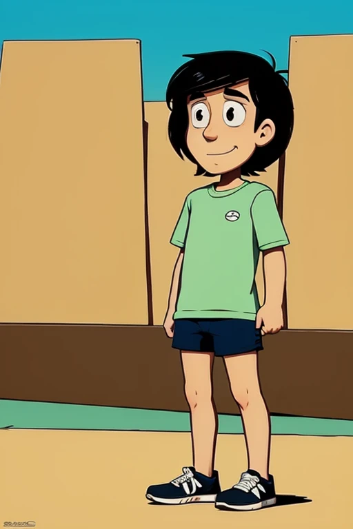 jadechan, short black hair, brown eyes, blue jeans pants, Red sneakers, looking at viewer, shy, masterpiece, full length, happy smiling, flat torso, naked torso, ass
