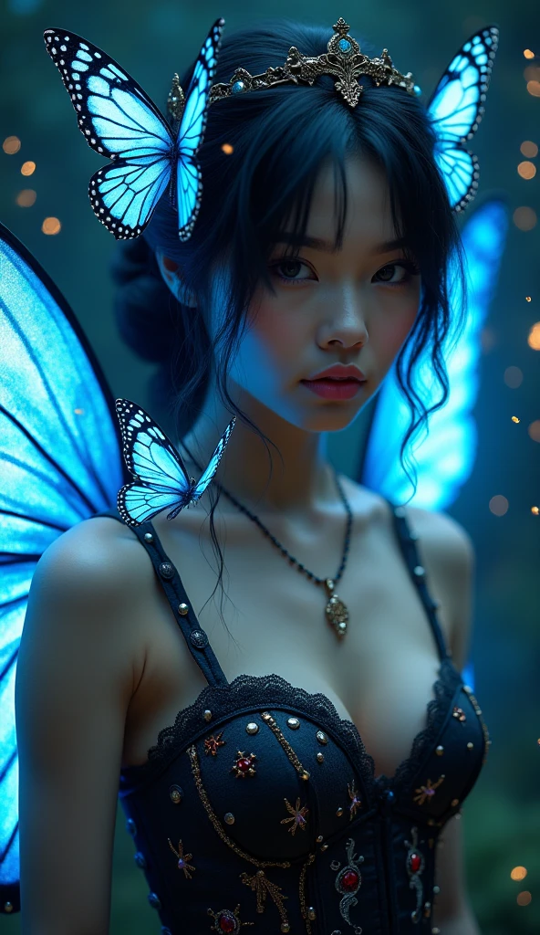 Best quality, masterpiece, ultra high res, raw photo, beautiful and aesthetic,deep shadow, dark theme,(photorealistic:1.4),
(1girl,(blue luminescent butterfly)), slim body, fit,
Graceful poise, evocative atmosphere, magnetic presence, refined seduction, captivating mystique,
Intricate zentangle patterns, a single female figure, astonishing level of detail, generously endowed, striking perspective, a chaotic masterpiece, gracefully poised, inspired by brutalist architecture, vibrant color palette,