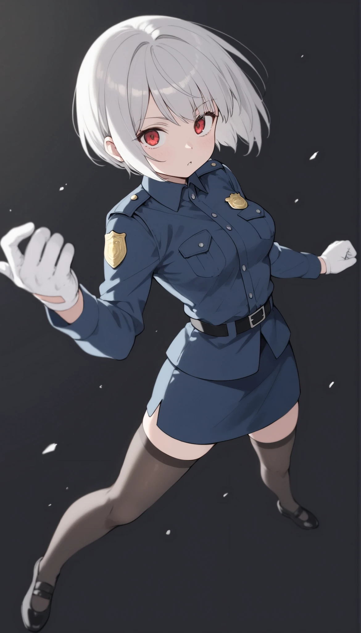 score_9, score_8_up, score_7_up, ((masterpiece)), (best quality), 1girl, solo, Simple background, temptation, delicate face, Battle Pose , Thomas slalom kick, full body, silver short hair, long sideburn, red delicate eyes, Disdainful Eyes, Black Stockings, Damaged black police uniform, medium breasts, style: midjourney, white background, two-point perspective , Impact footage,motion blur,depth of field, closeup