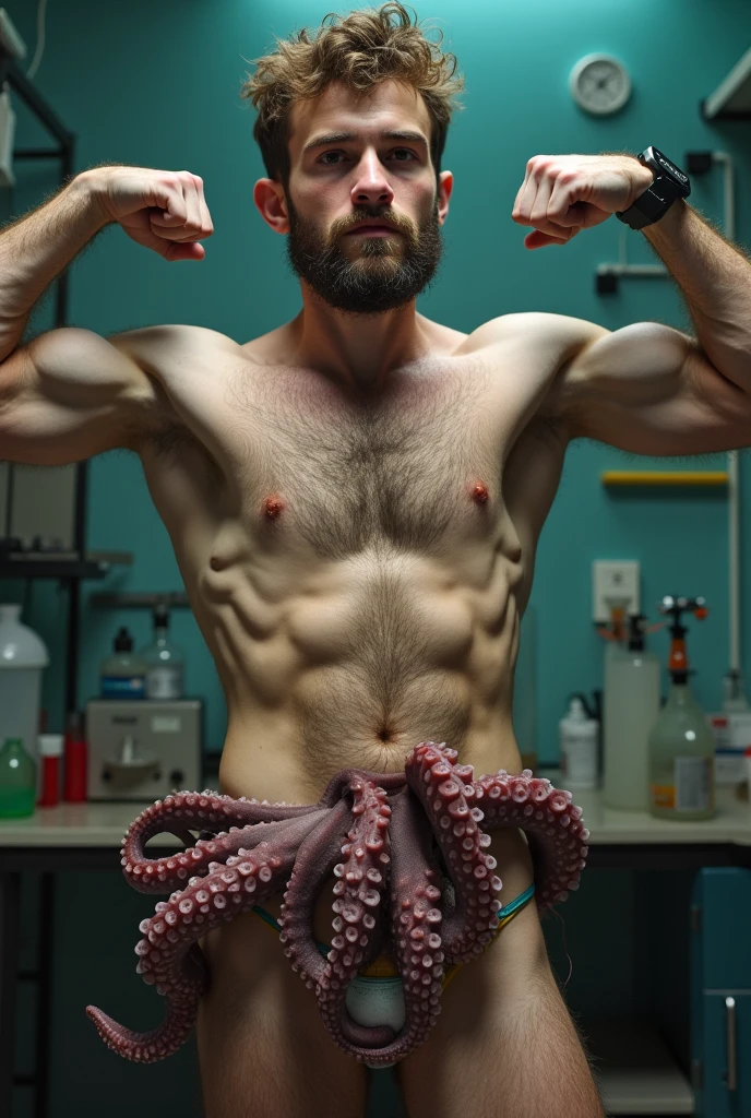 A handsome blonde spiked hair jonny bravo, muscular lean, hairy body, huge hairy pecs chest, both arms up, wearing a small bulging red tennis shorts, big massive butt, side curved posture, standing in a jellyfish background