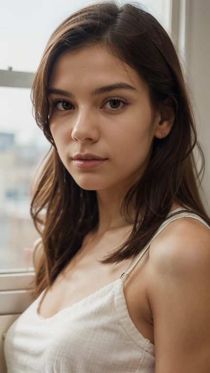 ((best quality)), ((masterpiece)), (detailed), perfect face realistic photo of beautiful woman with long dark brown hair, Russian, influencer, light freckles, dark brown eyes, big lips, no makeup, instagram, in a library, wearing thight sexy leather dress, sucking on a pencil