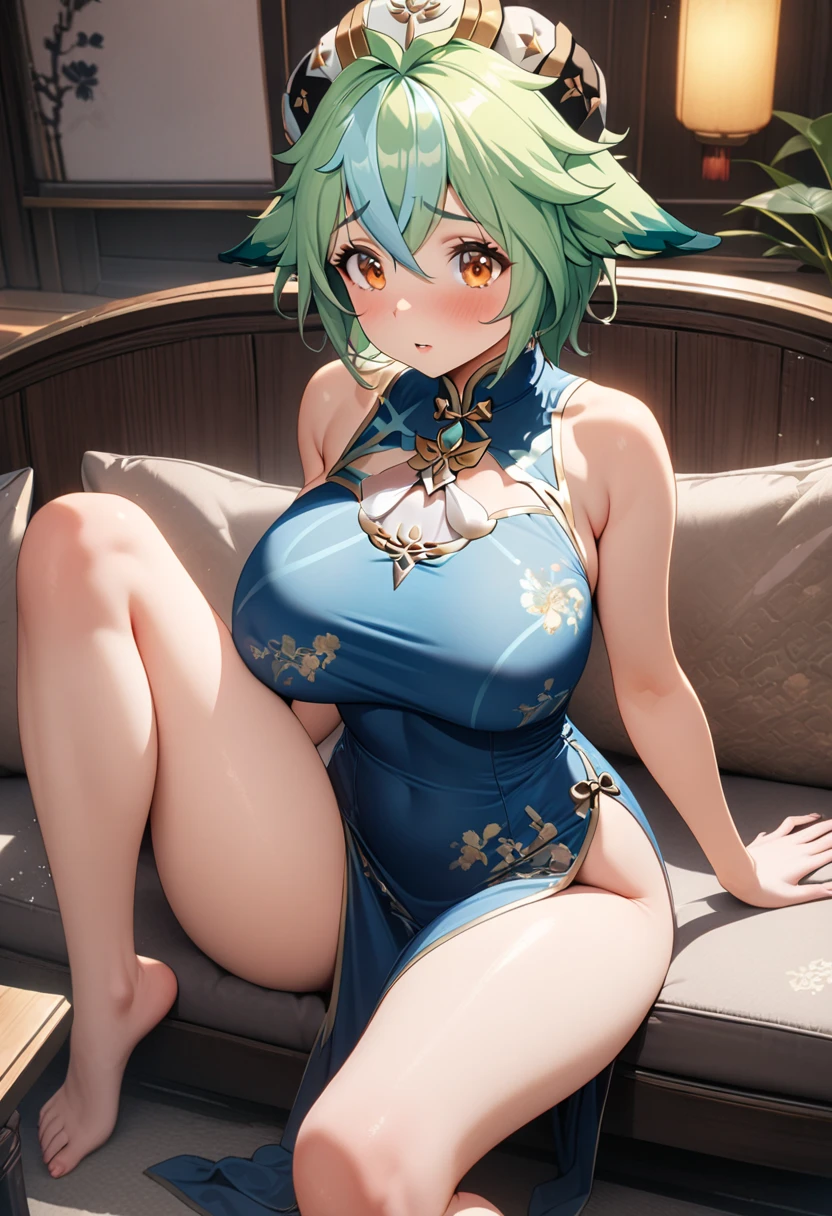 Yellow-green hair, Belly-length sideburns, Shoulder-length back hair, Long Ahoge, ((Highest quality)), ((masterpiece)), (detailed), One girl, 