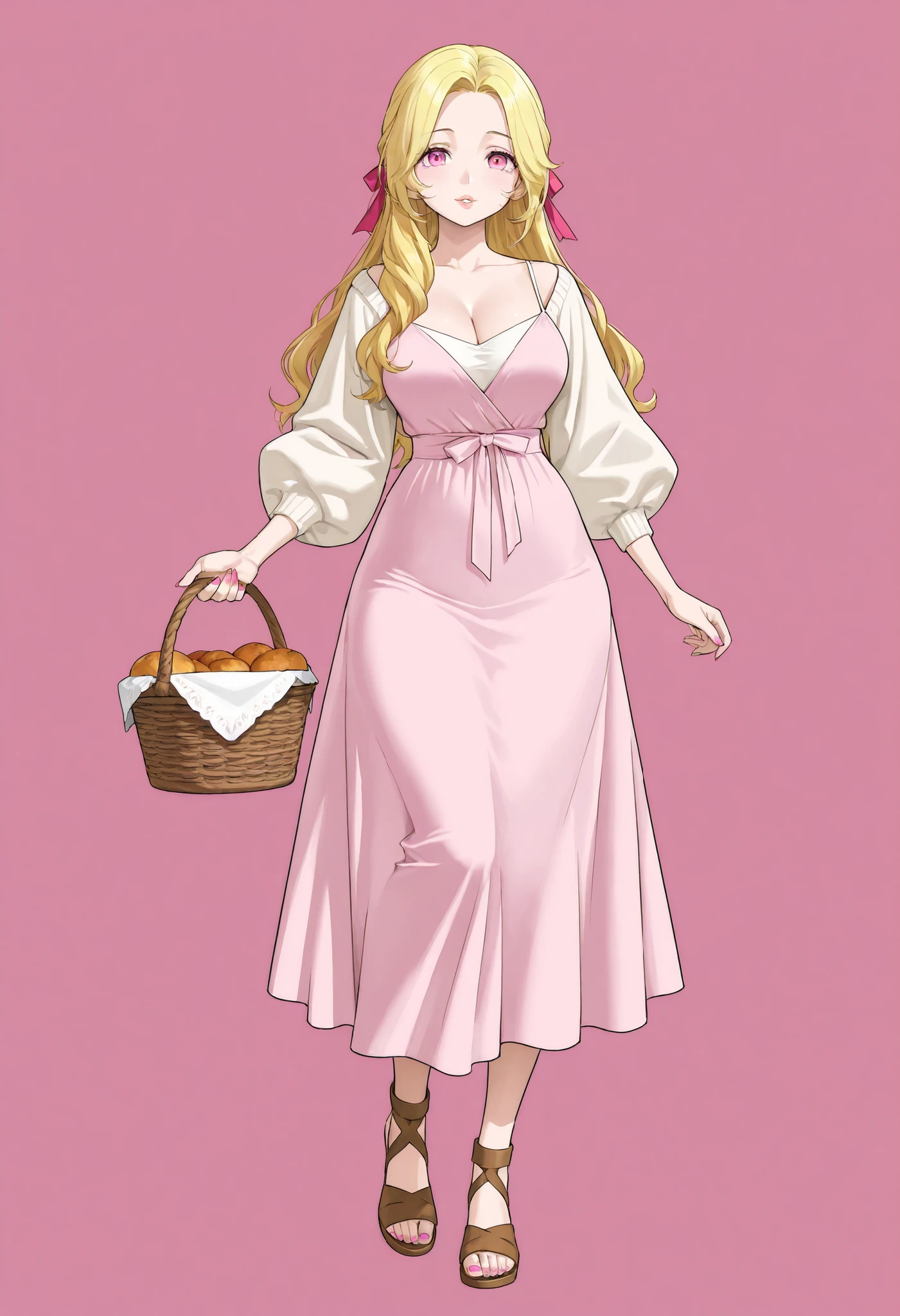 A mature extremely beautiful woman with yellow-blond hair, extremely fair white natural skin, big pink eyes, red plump glossy round lips, pink nails, a small waist, and a perfect slim yet curvy body. She's only wearing a long ankle-length pink dress with spaghetti straps, a light-brown front-open sweater with long puffy sleeves over the dress, one hair ribbon, housewife hairstyle, and brown sandals. She's holding one basket, and standing straight in the garden. Show her full body.