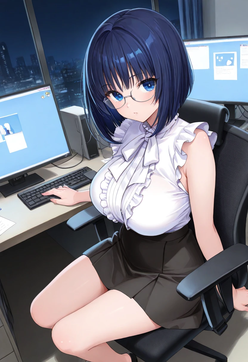 One Girl, alone, ((White shirt)), Black knee socks, With pride, Cleavage,Black panties,Show off your panties to your audience,Spread your legs wide,脚をSpread your legs,I can see your pants,Spread your legs and show me your panties,Her shirt was turned up、Bra is visible,Spread your legs,Black bra,Big Ass,Big Breasts,Low Angle,Chair下からのアングル, Cowboy Shot,uniform, officeの背景, Black Skirt, Pleated skirt, Very short skirt,pantyhose,office,E Cup, Look at the viewers, alone, Thighs ((masterpiece)), sit, Chair, desk work, Computer on the desk, Name tag, ID Day, in house, blush, Sexy pose、Standing doggy style
