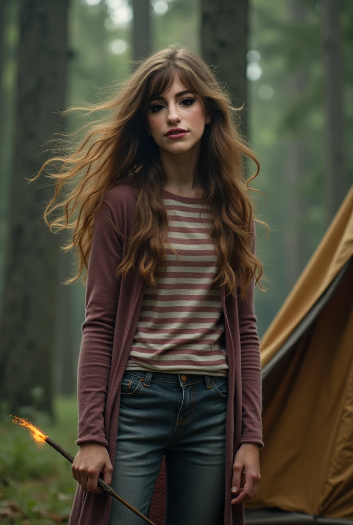 Masterpiece, (Kristen Stewart as Hermione Granger), black hair, wearing red hoodies,  Flat chest,  ultra detailed, ultra realistic, Bottom nude, full body shot, slim body, narrow hips, small girl, very detailed face, nude, sitting open legs spread, showing her pussy, pussy shot, hands behind the back,  in  misty forest on background, at night, (cinematic lighting, bokeh), dramatic, award-winning photography, incredible masterpiece, 16K, ultra high res.photorealistic, UHD, RAW, DSLR, naked