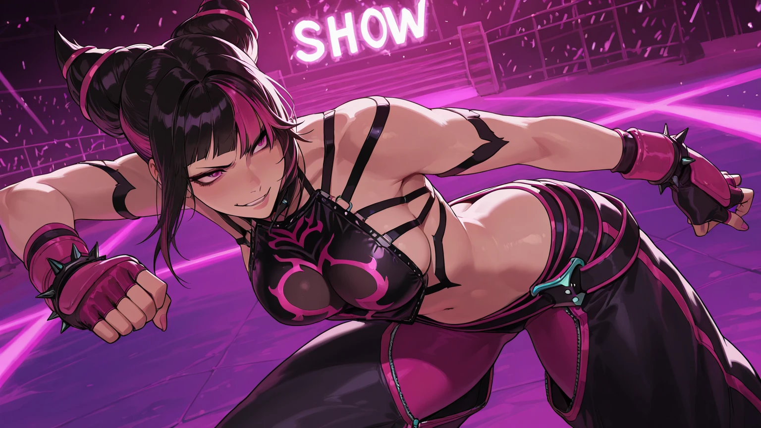 shot from behind, attractive and alluring female pole dancer is peforming in stage, provocative, unique face, lips, bare shoulders, sleeveless, standing, upper body, night club, neon lights, hips, skin tight, (insanely detailed, beautiful detailed face, masterpiece, best quality)