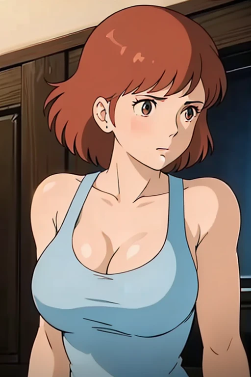 Nausicaa, 1girl, solo, cute, blush, slim, brown hair, (looking at away, cleavage), upper body, large breasts, (white tanktop), sit, bed, (perfect detailed anatomy, beautiful face&eyes, beautiful skin, perfect body)