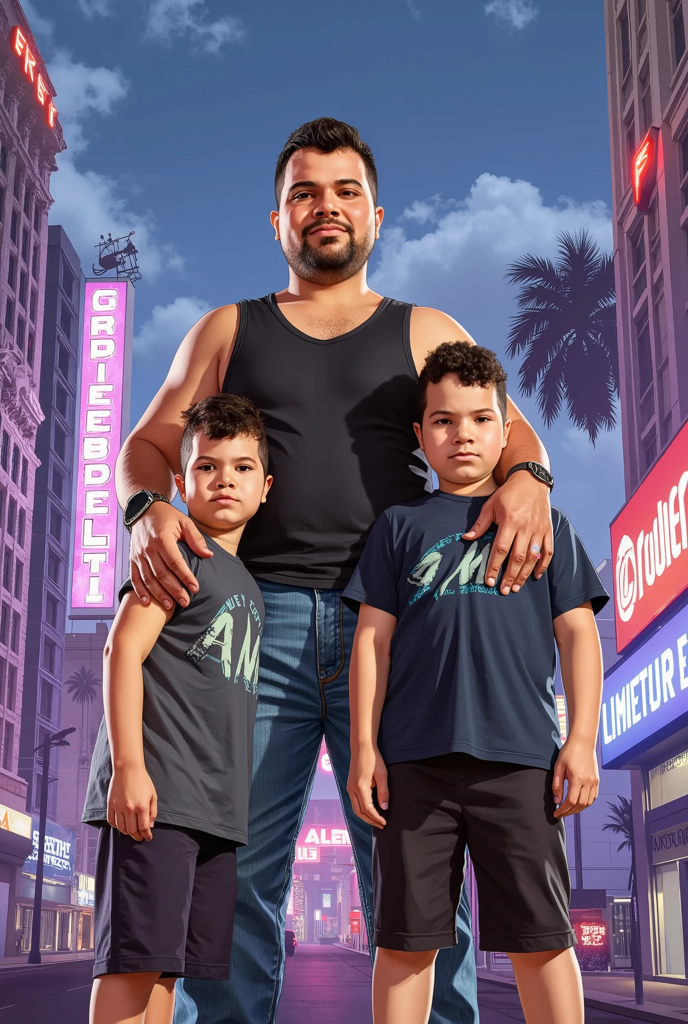 A colorful illustration, GTA style, of The father and two son o and o, badass.