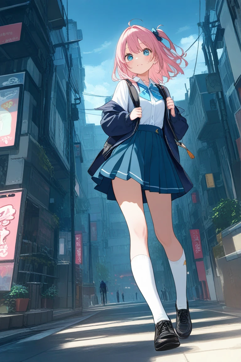 Generate dynamic vector image depicting an high school girl character with full body action pose, short pink hair, white shirt, blue skirt, red lace, reflecting the vibrancy and individuality of today’s teenage culture. high quality, 8K Ultra HD, night city in background, The beautiful girl Who Leapt Through a dangerous city, Feels like Mamoru Hosoda, Time leap when the beautiful girl runs and jumps Detailed illustration, A digital illustration of anime style, digital anime paintings of her, soft anime tones, Feels like Japanese anime, fantasy art, Three-dimensional expression, luminism, Albert Anker, Feeling like Kyoto Animation, Greg Rutkowski, Artgerm, WLOP, Alphonse Beeple, pixiv, luminism, 3d render, octane render, Isometric, by yukisakura, awesome full color