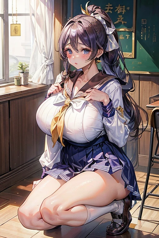 Cow print costume、twin tails、sexy pose、school classroom、Topless Obs larger than face、 nipple、Drool、Pussy、blush、1 girl、white stockings、、high quality、Plump、facing forward、Low - Angle、sweat dripping、huge areola、Wet、full of sweat、Fat