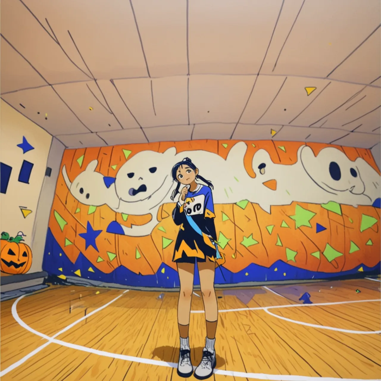 score_9, score_8_up, score_7_up, BREAK, source_cartoon, 1girl, n00dlegorillaz, solo, dark hair, purple hair, short hair, bangs over eyes, bangs, shirt, midriff, crop top, smile, grin, hands on , from below