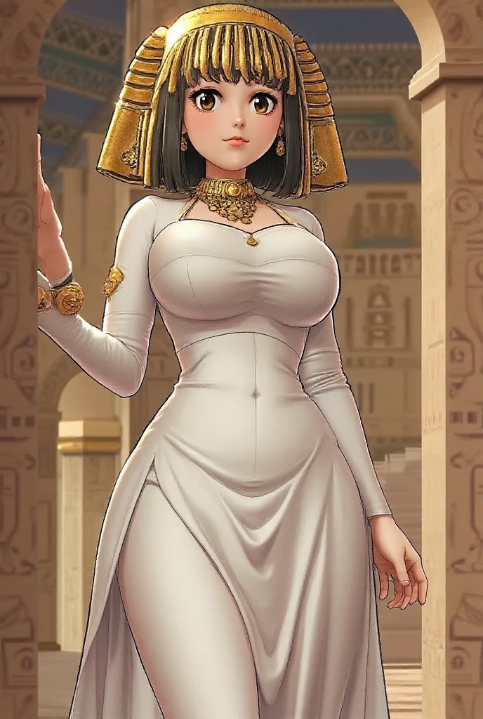 a female egypt goddess with a curvy sexy body figure, fantasy theme,  ((MILF)), tempting look, dynamic poses, sexy pose, seductive pose, flowing hair, dark skin, 
(((masterpiece))),  ((best quality)), ((intricate detailed)), ((Hyperrealistic)), a sexy woman with god attributes cloths,  (huge breast), bracers, gauntlets, circlet, head ornament, long dress, pauldrons, beautiful armor,  cape, perspective, highly detailed, illustration, 1 girl, perfect hands, detailed fingers, beautiful detailed eyes, bob cut hair , bang, black hair  (fantasy:1.2), ((ancient Egypt theme)),  dress, armor, abstract background, at god temple, nightview ,fierce look, looking at the viewer, from the front, front view.