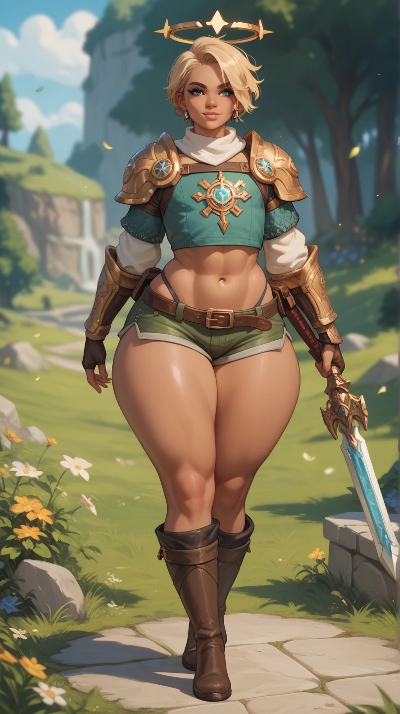 "Create a stunning masterpiece with the best quality featuring a solo female character inspired by The Legend of Zelda. Emphasize her iconic tunic, hat, and captivating presence. Ensure the depiction showcases her proportions elegantly, decolletage, shot is taken looking down."