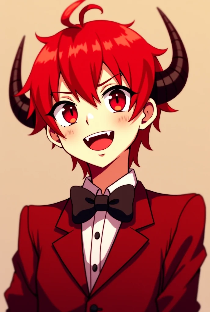 Create a stunning pink cartoon male character with red devil horns, a glass of wine in hand and looking like a cute anime