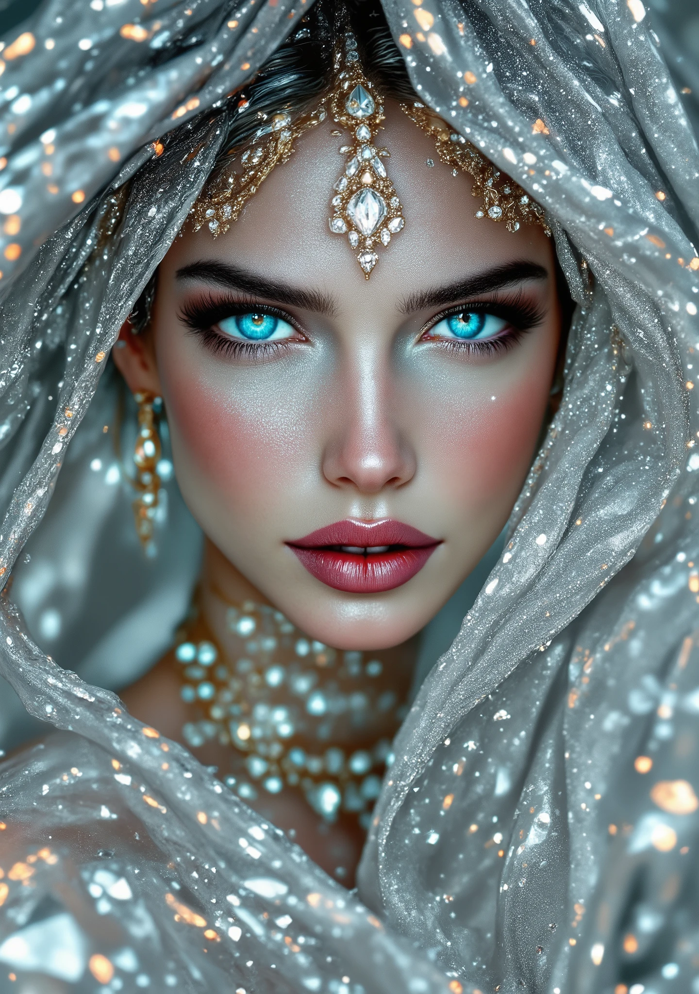Full body image pic Woman made of shiny diamond and wear a beautiful blue diamond dress。blue eyes. super photo real 4k. On the move
