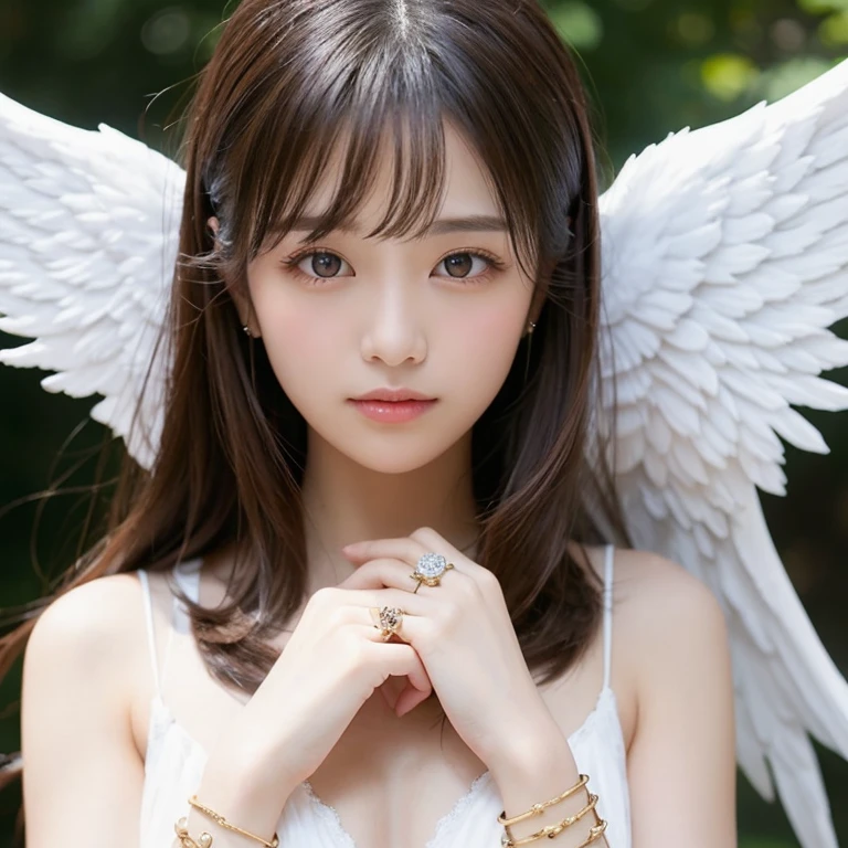 "Create a hyper-realistic digital painting of a serene angel figure in a misty, ethereal setting. The angel should have large, soft wings that seem to emit a gentle glow. In her hands, she holds a complex, intricate chain that appears both solid and translucent. The chain should have an otherworldly quality, with subtle shifts in color and texture that suggest both physical and emotional weight. Focus on the angel's expression, capturing a look of deep compassion and understanding. The lighting should be soft and diffused, creating a dreamy atmosphere. Include small details that blend the spiritual and the tangible, such as tiny flowers or butterflies emerging from the links of the chain. The overall mood should convey a sense of gentle healing and release from burdens."