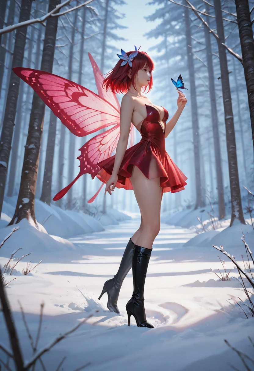high quality instagram photo, full body of a Scandinavian girl, 20 years old, red hair, sexy, green eyes, freckles, cute face, (large breasts), big ass, Elf woman with bunny ears, short ponytail, hair bow, maid clothes, stockings, butterfly wings, shy and mischievous face, Snowy pine forest at night with dark stormy clouds, winter, Bright winter decorations, on all fours