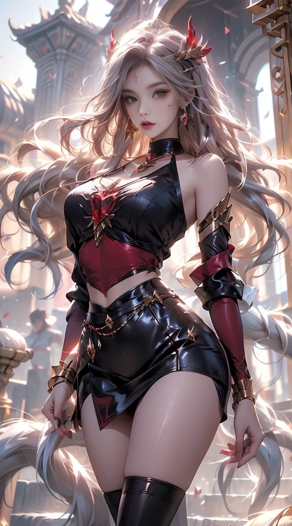masterpiece, top-quality, top-quality, Beautifully Aesthetic:1.2, 1girl, Halloween night, Wearing a devil costume, high detailed, ((Red eyes:1.8)), Standing with seductive pose that sticking out breasts, large breasts, firm breast, nicely shaped breasts, slender figure, 
((Gray hair, Red colored inner hair)), wavy hair, (medium hair:1.2), (asymmetrical bangs:1.2),
in the Halloween party venue at late night, (Full body shot:1.1),