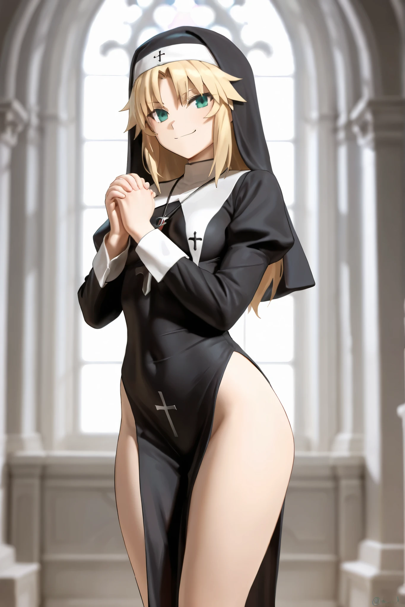 masterpiece, best quality, close up, (cross,big cross, crucifixion:1.3), 1 petite skinny girl In the solemn church, nun, parted bangs, stained glass, indoors, spread legs, kneeling, outstretched arms, Hands on the cross, medium breasts,
blue eyes,full body,blonde hair, barefoot, <lora:freng_V8:0.8>,