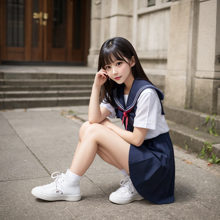 (1 girl, have to pee, peeing herself, peeing, peeing self, crying, very desperate to pee, have to pee, have to pee, peeing, peeing self, peeing, peeing self:1.5), (girl and other many girls waiting in line restroom, maxi sailor suit, long skirt, high school, foot ware, 1 small bag, have to pee, covering crotch, knees together and feet apart, hand between legs:2), (leaning forward, erotic twist of the body:1.6), (Raspy breath, shaded face, despair, impatient, full face blush, embarrassed, empty eyes, constricted pupils, looking afar:1.5), (girl can't stand up straight:1.5), (detailed face, best quality:2), (makeup), open mouth, from side