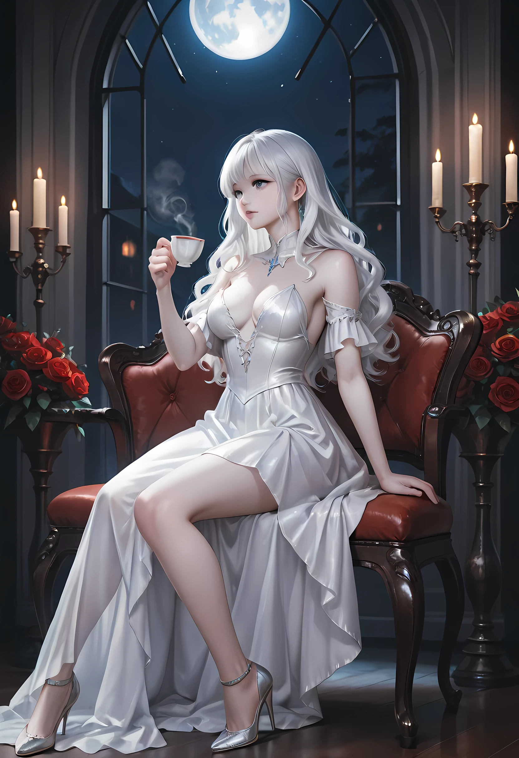 A beautiful mature and attractive woman, transparent dress, sitting on the sofa, domineering sitting posture, snow-white translucent skin, snow-white long legs, centered, hands covered, 85mm focal length, collarbone, perfect body, super high quality, 8k,