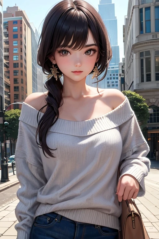 Mature woman,Your wild rose,(Long side lock ,short hair, short hair with long locks:1.2), Number of hits,Black skirt,Red Eyes,Gold earrings,Off-shoulder sweater, Red sweater,clavicle, Black , Straight Hair,Mature woman  (((Full and soft breasts,)))(((Huge breasts))) (((Cleavage))),Black pantyhose , [Thick thighs]