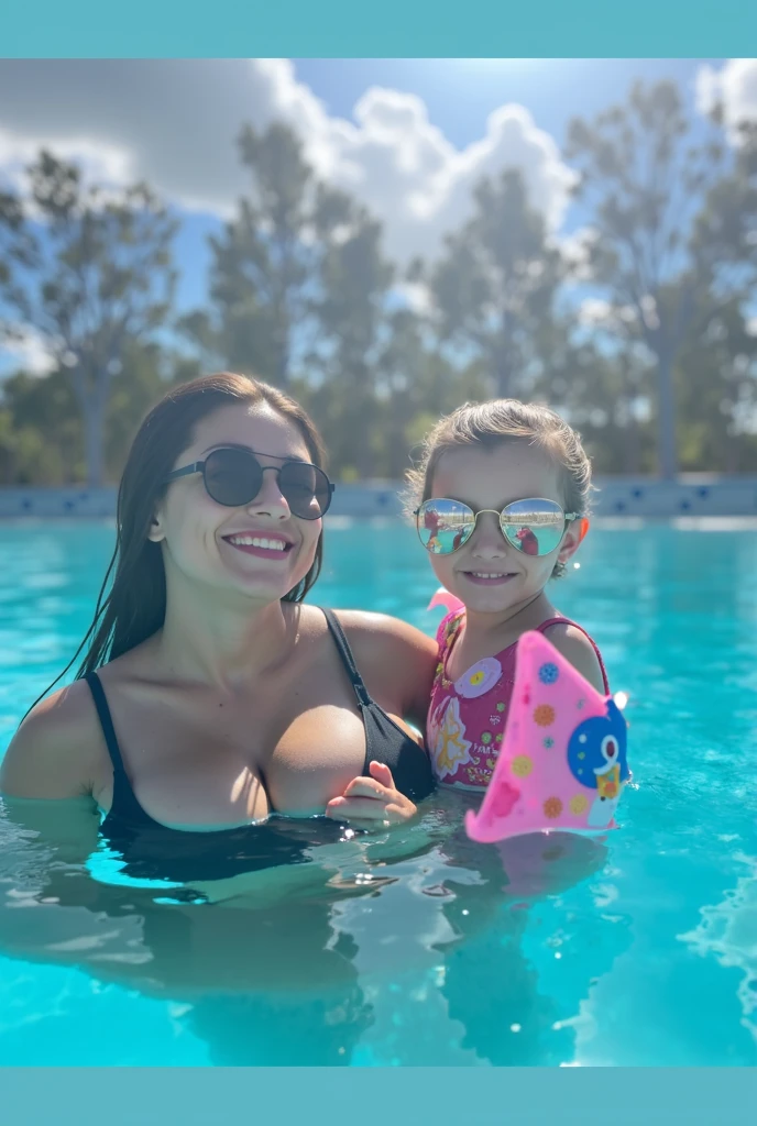 woman and in a pool with blue water, documentary yet, em uma piscina, 3 Brazilian mother of 5 years, mulher de 30 anos, brincando na piscina, 8k