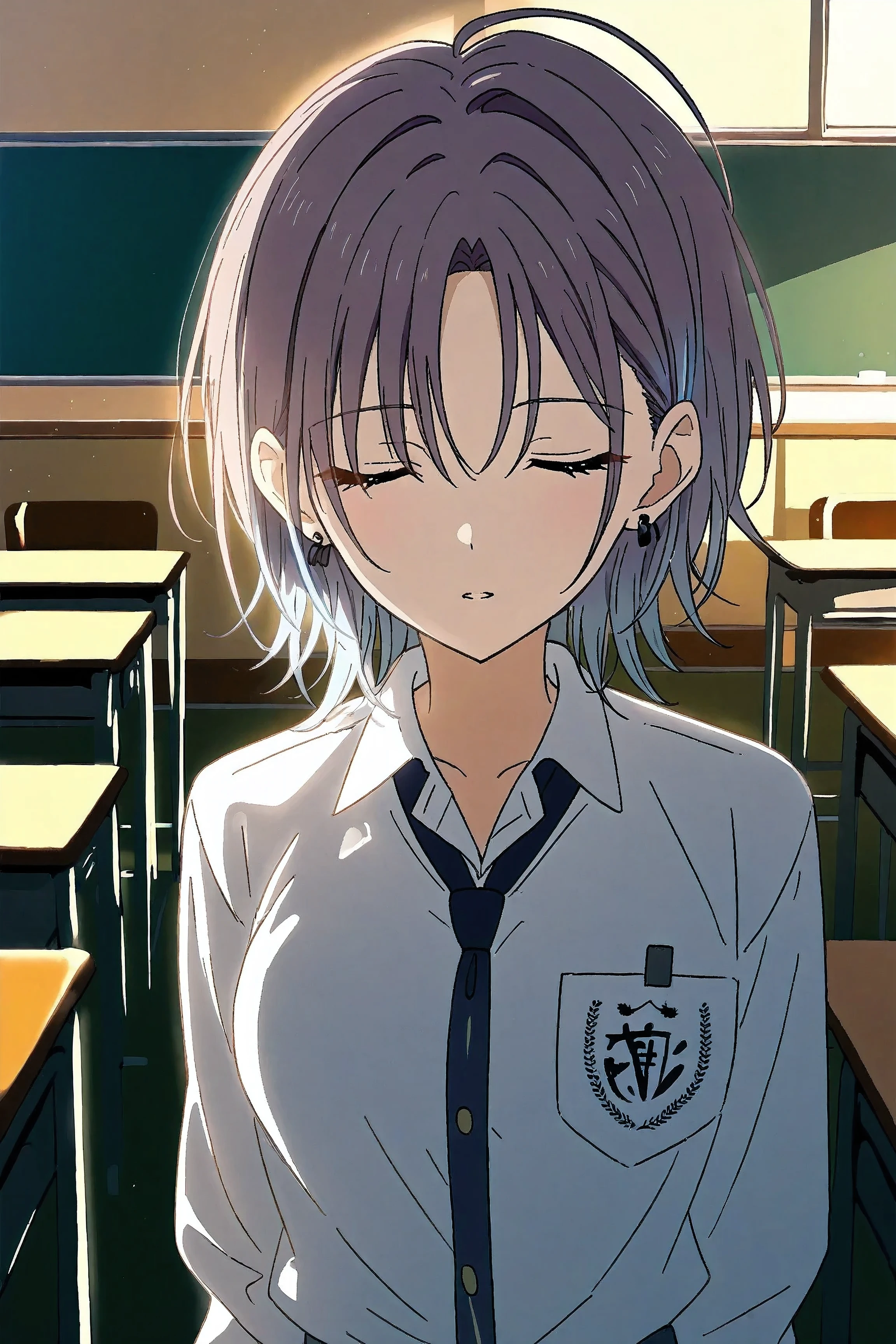 asakura_toru, blue hair, earrings, gradient hair, multicolored hair, parted bangs, purple hair, medium breasts,Classroom interior at sunset, warm orange and pink light streaming through windows, student standing in the center of the classroom, upper body only shot, eyes closed with a puzzled/confused expression, direct front-facing camera angle, detailed classroom environment with chalkboard and desks in background, soft golden hour lighting casting long shadows, closed eyes and slightly parted lips showing confusion, relaxed shoulders,