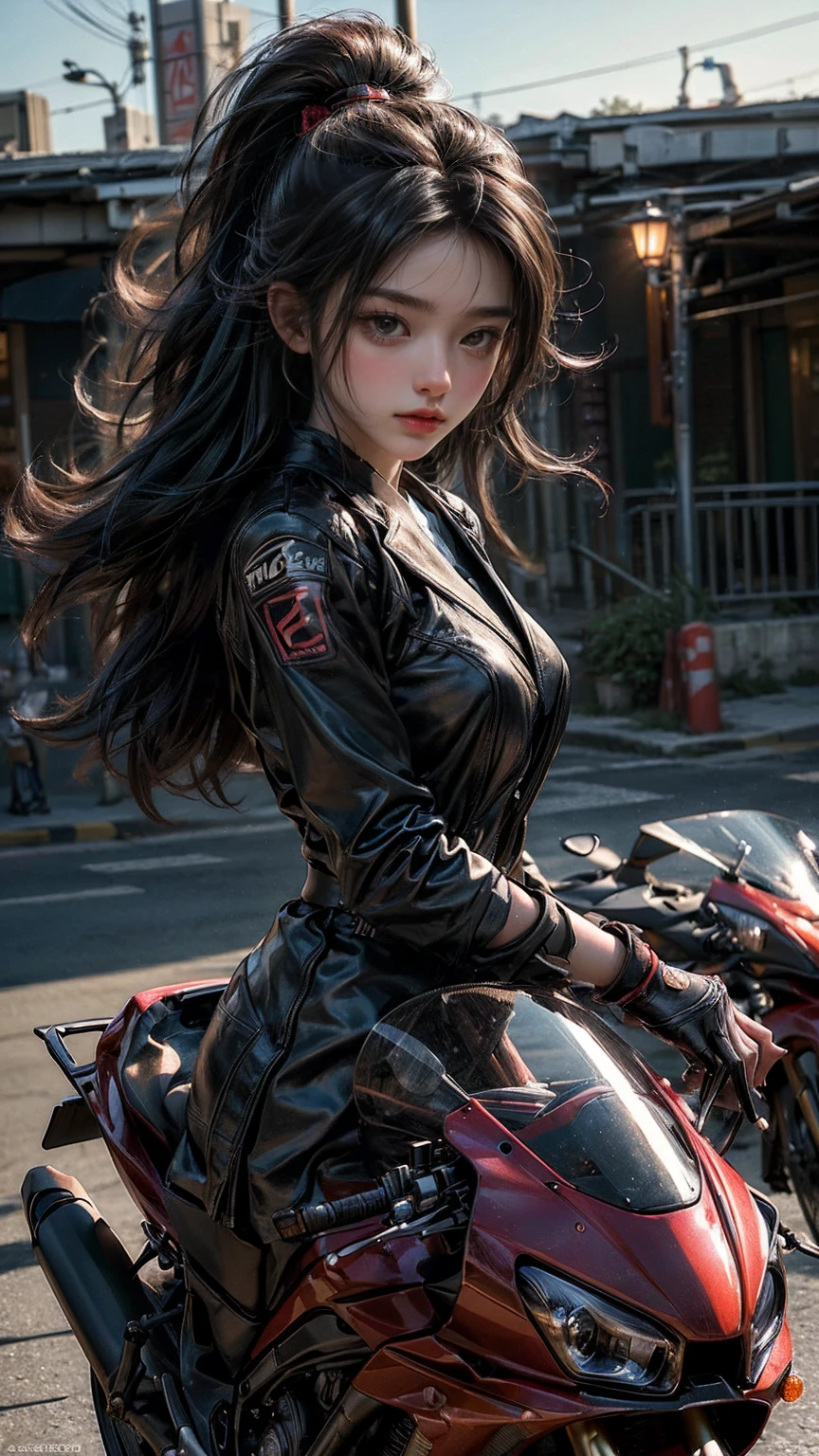 Best image quality, outstanding detail, ultra high resolution, (realism: 1.4), best illustration, prefer details, highly condensed 1girl, delicate and beautiful face, dressed in black and red mecha, big, long hair, disheveled hair, tiara, black panty, riding a motorcycle, background is a futuristic city high-tech lighting scene