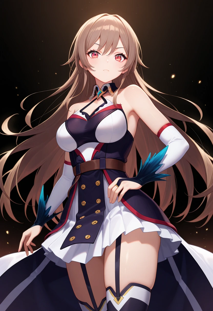 ((masterpiece, best quality)),very detailed, simple eyes,(((1girl))),lying on bed, arms up, hands behind head,yamate kyoko , <lora:kyoko:1> ,peaky p-key,bangs, black clothes,baseball_cap, black_choker, black_skirt, breasts, brown_eyes, choker, cleavage, collarbone, fur-trimmed_coat, fur-trimmed_jacket, fur_trim, light brown hair, hat, white jacket, long_hair, long_sleeves, looking_at_viewer,large_breasts, open_clothes, pleated_skirt, black skirt, smile, solo,thigh_strap,