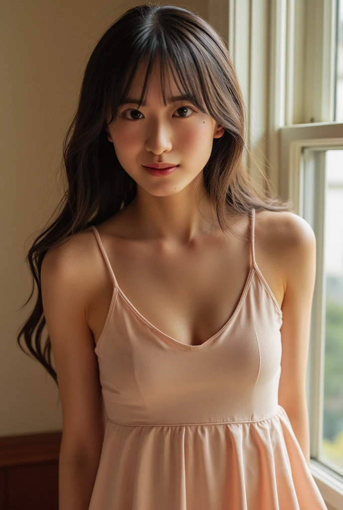 ((Extremely precise and accurate anatomy:1.0)), (photo Realistic:1.4), (hyper Realistic:1.4), (最高品質のRealisticな肌の質感:1.4), (Improvement of quality:1.4), (Enhances the beauty of skin texture:1.1), Clean and glowing skin, mesh, thin:1.2, (Realistic:1.3), Realisticなライティング, (Smoother lighting:1.05), (Improving the quality of cinema lighting:0.9), Backlight, A gentle light on your face, Ray Tracing, (Bright light:1.2), 32K, One Japanese woman, fine grain, Detailed face, (Film Grain:1.1),(Accentuates body lines:1.1), High resolution, Natural look, Kind eyes, Improves hair quality, Delicate light and shadow, Transparent muscles, Graceful pose, Beautiful Eyes, Sharp details, Soft light reflection, Beautiful contours, Delicate skin tone, Fine hair texture, Natural background, Looks very tired、(((A loose-fitting camisole))),barefoot,One Girl,Realistic,Bedroom、Looks sleepy