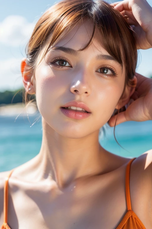 best quality,masterpiece,ultra high res,(photo realistic:1.4),1girl,looking at viewer,swimsuit,japanese woman,