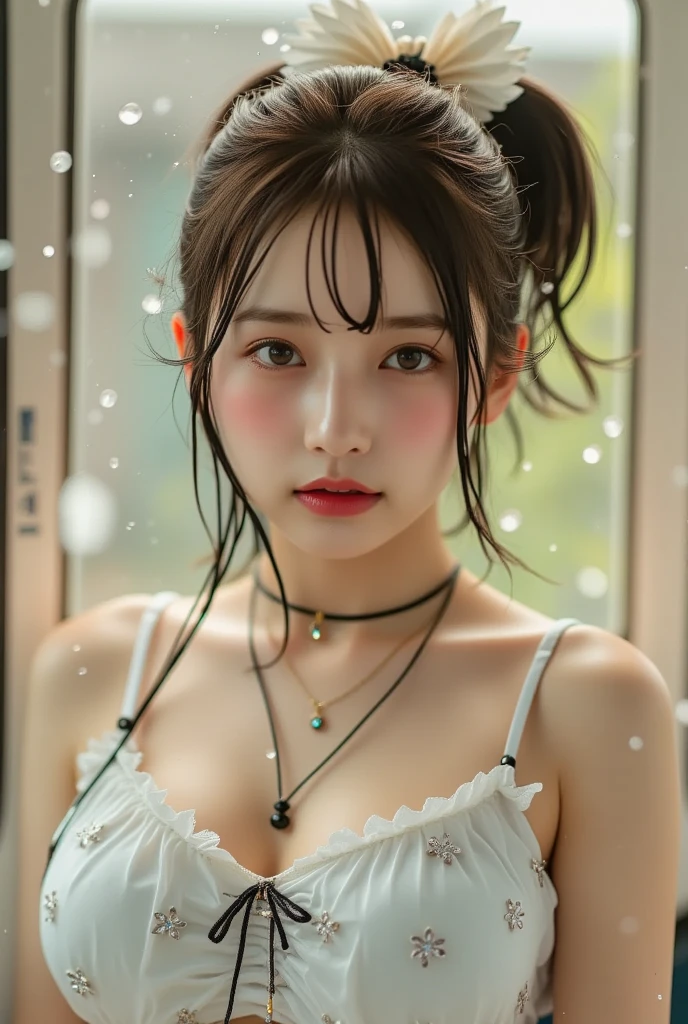 (Top quality, 8K, Masterpiece: 1.3)), cleavage,Focus: 1.2, Perfect body beauty: 1.4, hindquarters: 1.2, ((layered haircuts, Breasts: 1.2)), (Wet clothes: 1.1), (rain, street: 1.3), Bando Dress: 1.1, Highly detailed face and skin texture, Narrow eyes, Double eyelids, Whitening skin, Long hair, (Shut up: 1.3), perplexed