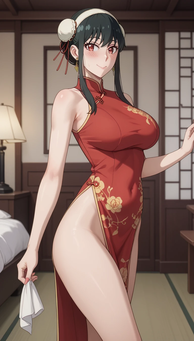 Wearing a red gaudy cheongsam with red lipstick, a beautiful mature woman with brown hair, (solo:1.2),perfect body, with glasses,(highest quality,masterpiece:1.4)
