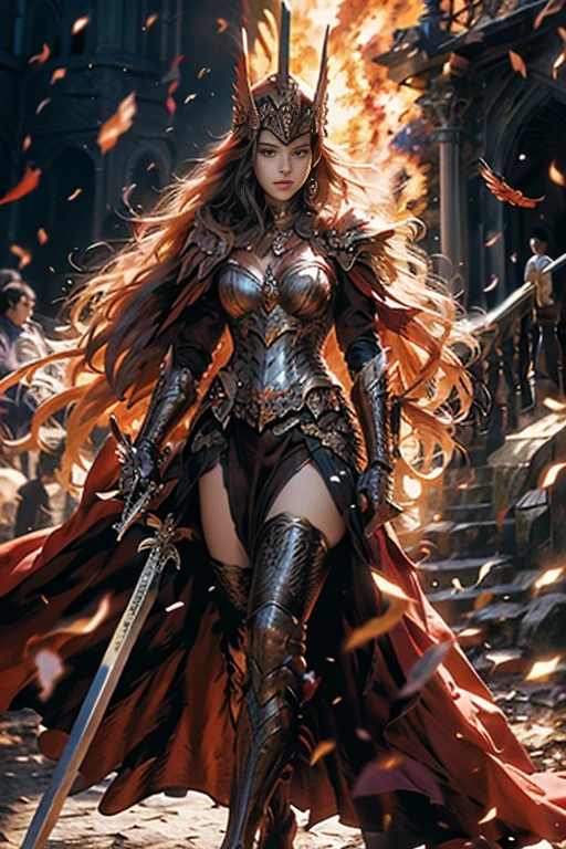 Waist up (perspective angle from bottom to top) art warrior princess in fantasy anime mythic action effect, sharp focus, masterpiece, UHD, by Raymond Swanland aesthetic style, hero cape in flame, holding a beauty super deitaled sword, (masterpiece), best quality, expressive eyes, perfect face