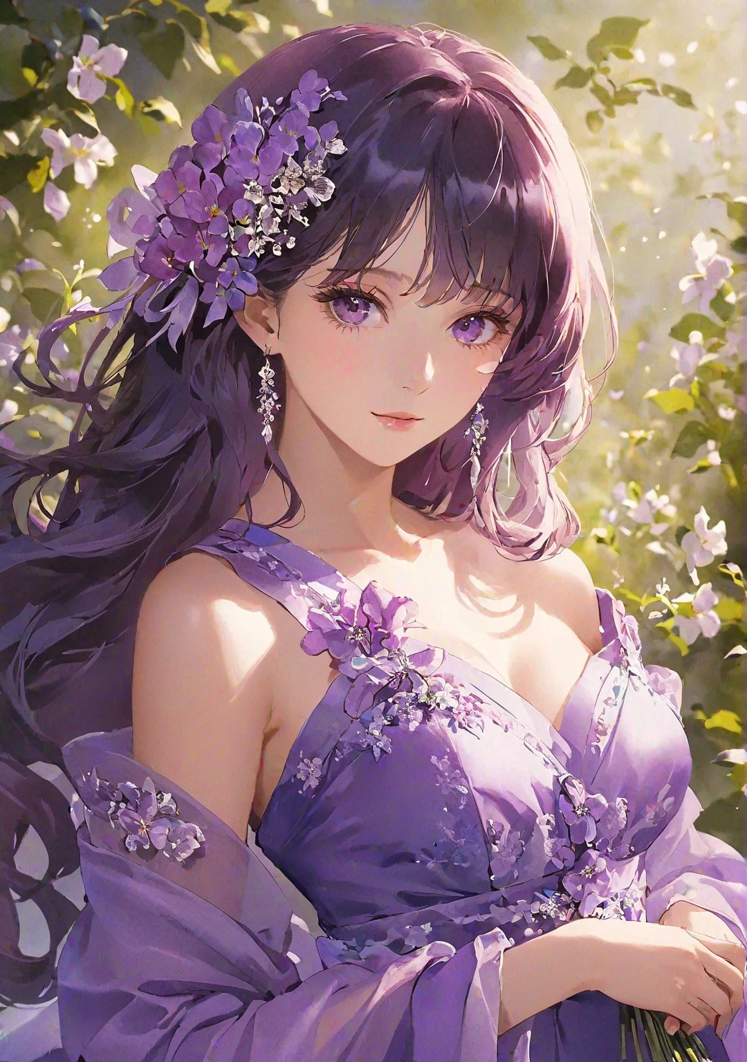 rating:safe, jewelry, 1girl, purple_hair, flower, earrings, hair_ornament, breasts, dress, cleavage, looking_at_viewer, long_hair, hair_flower, purple_dress, rose, smile, purple_eyes, necklace, red_lips, light_particles, lipstick, very detail, high quality, UHD, 8K