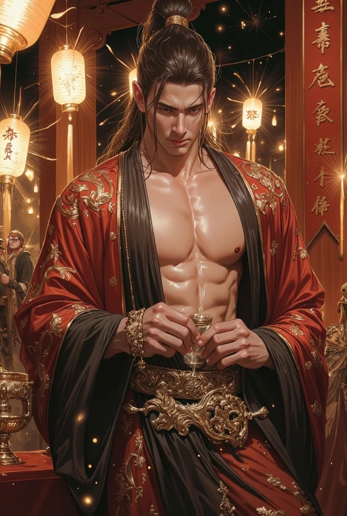 Realistic,Hot muscular Male concubine in the Han dynasty sitting with legs spread apart, wearing ancient revealing Chinese dress with long hair and masculine features.Battle scars,very sexy,with huge bulges