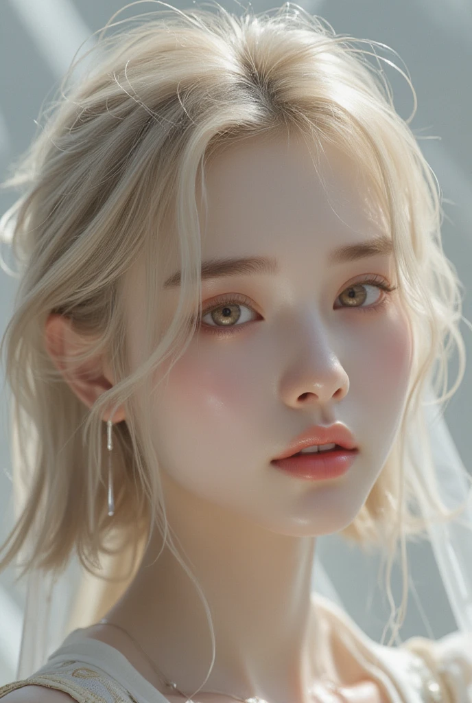 Full length, Korean, 8k, masterpiece, best quality, high resolution, photorealistic, full body, young woman, fashion model, extremely beautiful face, white skin, healthy skin, detailed face and eyes, big sharp eyes with gentle but focused gaze, mesmerizing eyes, natural makeup, straight blonde hair, Greek nose, heart-shaped chin, delicate ears, thin eyebrows, glamorous, enraptured smile.

A woman with short blonde hair styled with a side part, revealing her forehead and ear. She is wearing a casual yet elegant outfit inspired by Cha Hae-In from Solo Leveling. The outfit conveys a relaxed and approachable appearance while still highlighting her graceful and powerful personality.