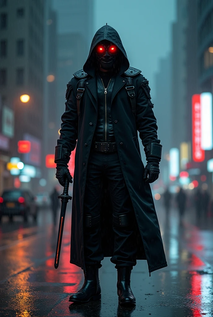 A full-body image of a lone bounty hunter standing in a rain-soaked cyberpunk city at night. He wears a sleek, black tactical trench coat with reinforced armor plates on the shoulders and chest. A high-tech visor with a glowing red display covers his eyes, scanning the surroundings. His hands are gloved, gripping a futuristic energy blade at his side. His stance is calm yet intimidating, as if ready to strike at any moment. The neon lights of the city reflect off the wet pavement, creating a moody, cinematic atmosphere.