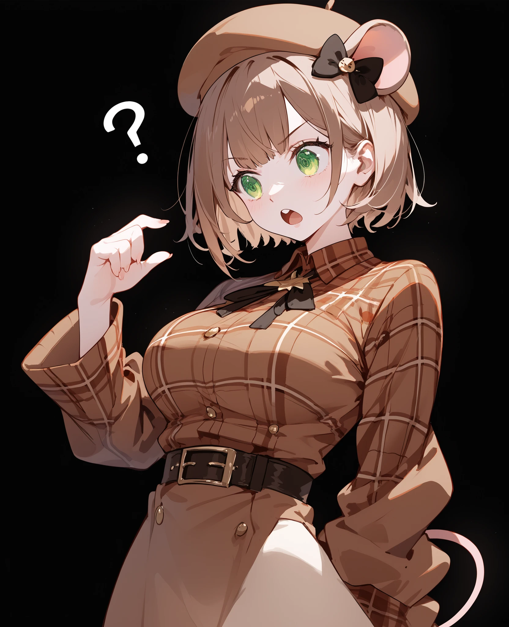 girl,Mouse Ear,with light brown hair,in green eyes,,for short hair,, comic dress,big breasts,cute,brown short skirt,Slim legs,With rat tail,Sherlock Holmes series ,black black background,Put on a brown hat,brunette dress ,Long Sleeve Brown Shoulder Robe,ต้นSlim legs, White Stockings,Brown theme,mysterious,Beret Category,Plaid shirt,,Upper Body,Open your mouth,Confused,standing,