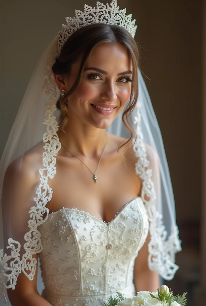 Girl with huge sagging breasts with a sweetheart neckline and a lace neckline ,bridal veil and bouquet
